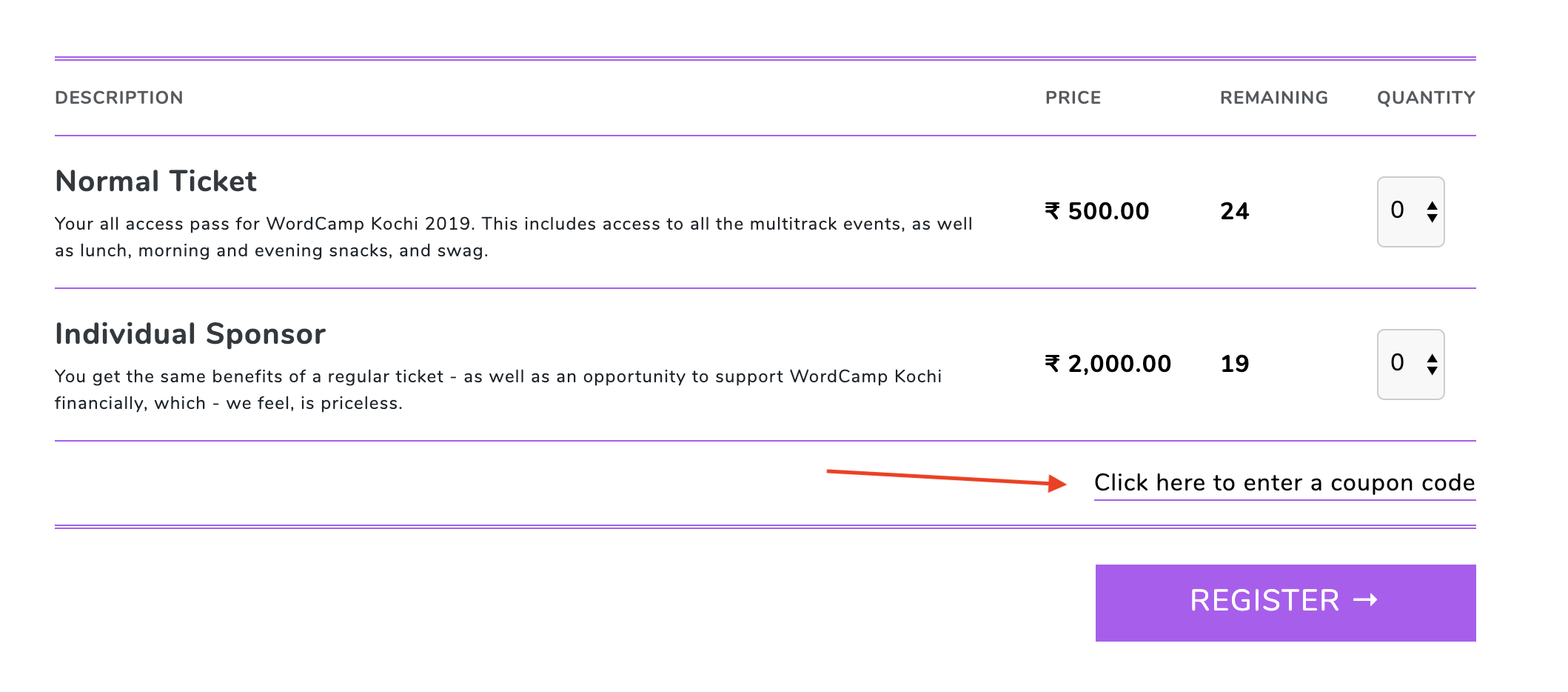 Screenshot of the WordCamp Kochi Ticket Coupon Page