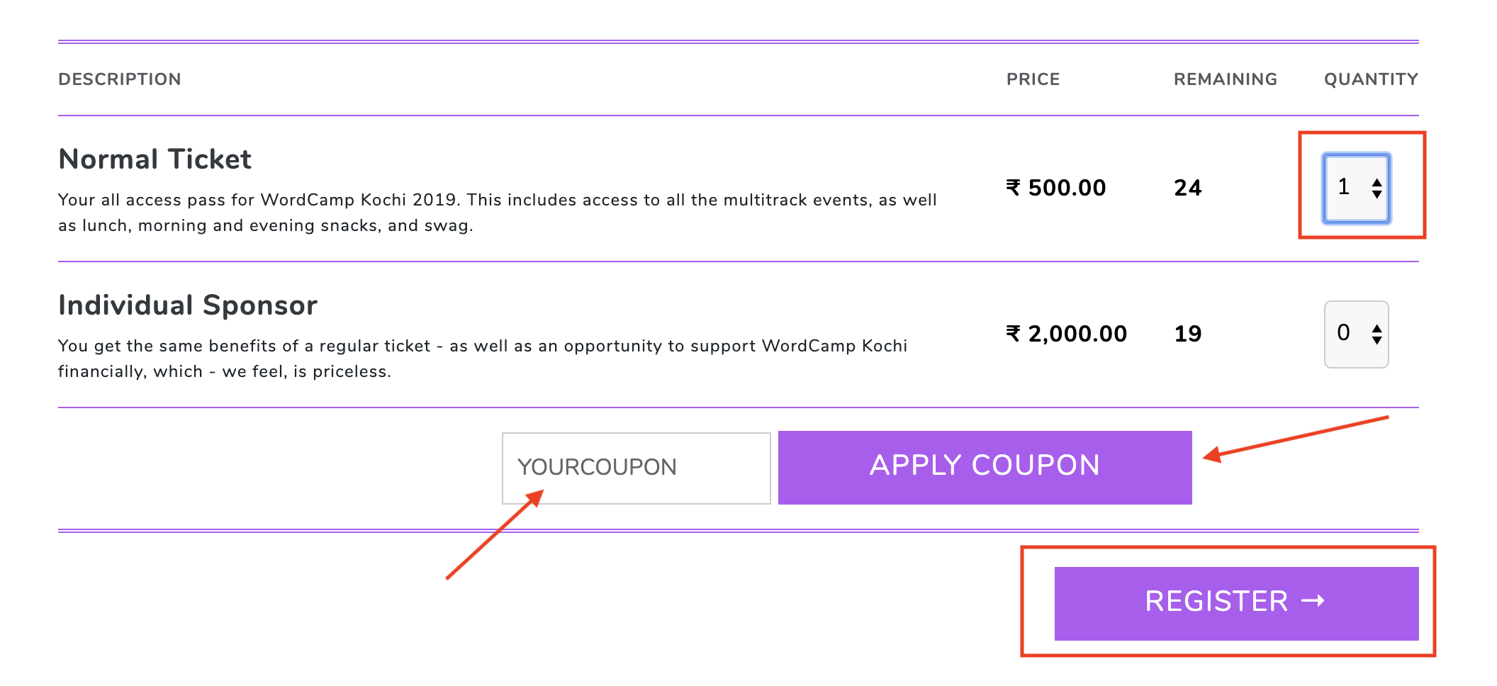 How to apply the coupon on the WordCamp Kochi page